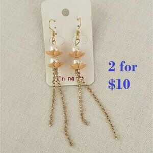 Dangling Pearl Bead Earrings Enveloped in Tan Lotus Flowers by Jin Na La